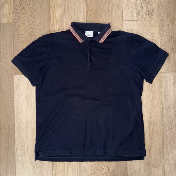 Burberry TB Logo Archive Stripe Collar Navy Blue Polo Shirt